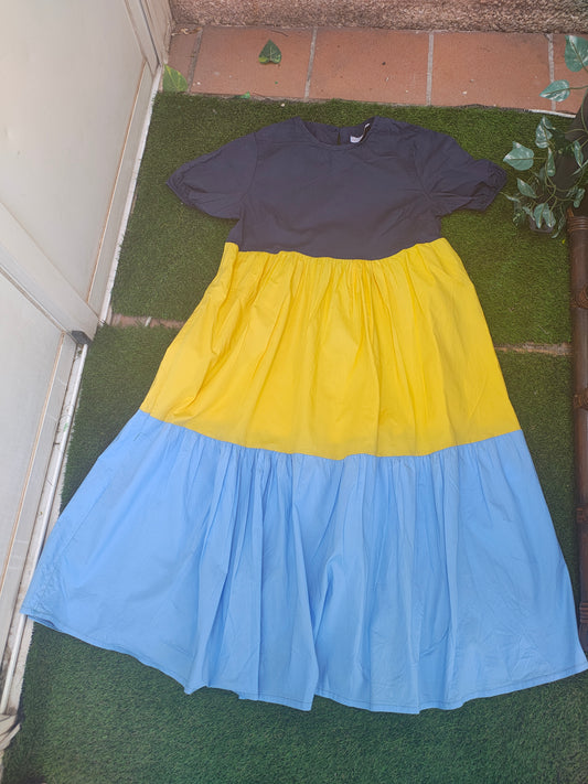 USADO – Vestido tricolor azul, amarillo y negro de VALENTINA (Talla XS)
