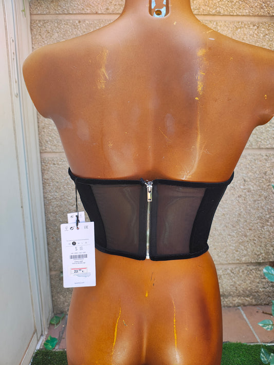 NUEVO  – Top negro palabra de honor con flor de lentejuelas BERSHKA (Talla S)