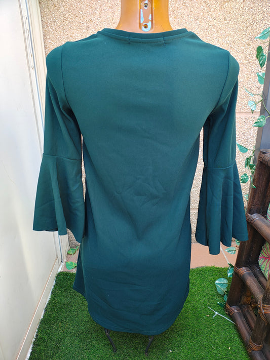 USADO – Vestido verde oscuro de manga acampanada Bershka (Talla S)