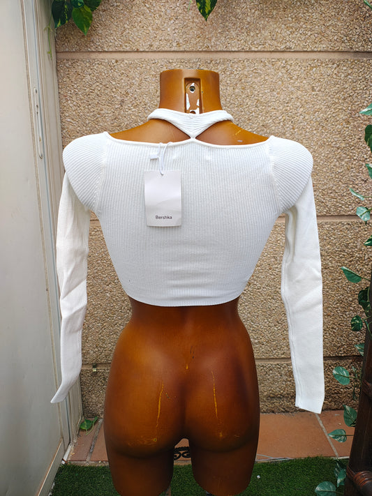 NUEVO – Top blanco cruzado de canalé con escote en pico Bershka (Talla S)