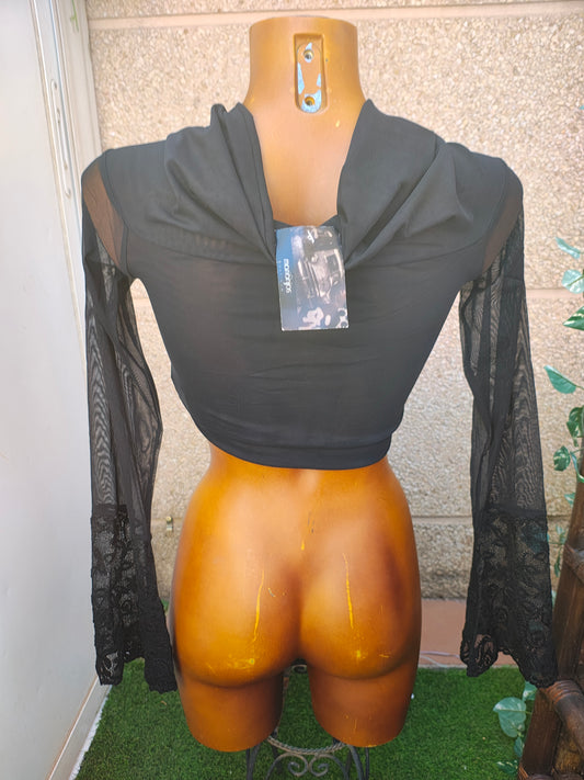 NUEVO – Top negro cruzado transparente con mangas de encaje Shirt Passion (Talla S)