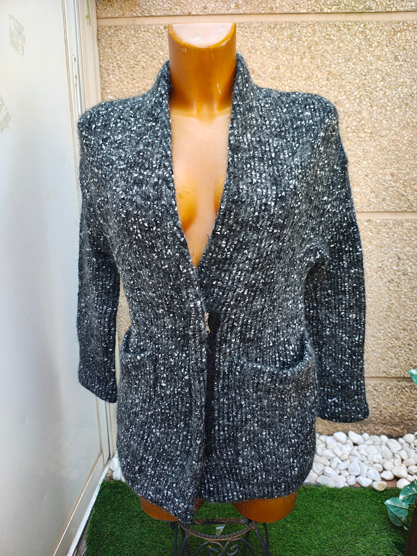 USADO – Cárdigan largo gris jaspeado de lana con bolsillos ZARA Woman (Talla S)