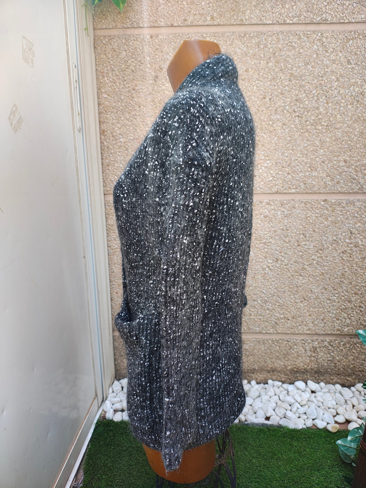 USADO – Cárdigan largo gris jaspeado de lana con bolsillos ZARA Woman (Talla S)