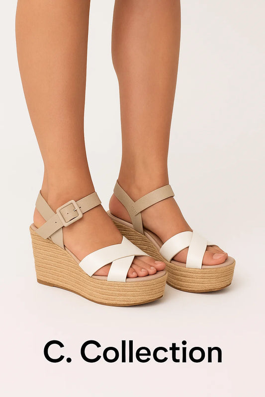 Sandalias de plataforma con suela de yute natural en color taupe y blanco de la marca C-Collection, talla EUR 39. Diseño cómodo y versátil ideal para primavera y verano. Calzado de segunda mano en excelente estado disponible en REUSA by Duvatex.