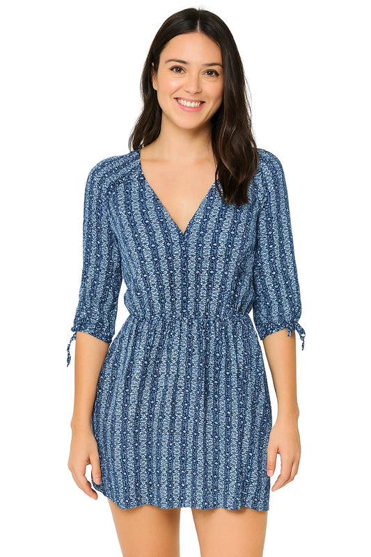 USADO – Vestido azul estampado con manga francesa y botones delanteros (Talla M) Stradivarius